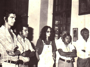 On the set of Rampage: The writer at left, actress Mary Tamm (centre) and Manik, second from right